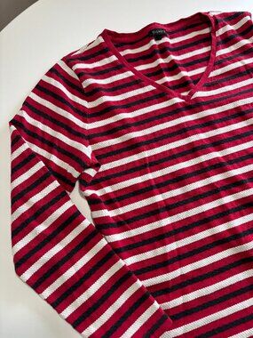 TALBOTS RED BLACK & WHITE STRIPE COTTON LONG SLEEVE V-NECK